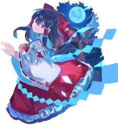 Rule 34 | 1girl, ascot, black hair, bow, commentary request, cropped legs, detached sleeves, dokoda no dareka, frilled bow, frilled skirt, frills, full moon, hair bow, hair tubes, hakurei reimu, highres, looking at viewer, looking back, moon, night, red bow, red eyes, red skirt, ribbon-trimmed sleeves, ribbon trim, shide, skirt, solo, torii, touhou, wide sleeves, yellow ascot