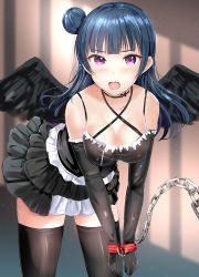 Rule 34 | 1girl, bare shoulders, black dress, black gloves, black thighhighs, black wings, blue hair, blurry, blurry background, blush, breasts, chain, cleavage, commentary request, covered erect nipples, criss-cross halter, cuffs, depth of field, dress, elbow gloves, feathered wings, gloves, hair bun, halterneck, highres, leaning forward, long hair, looking at viewer, love live!, love live! school idol festival, love live! sunshine!!, medium breasts, morerin, open mouth, purple eyes, side bun, sidelocks, single hair bun, single side bun, solo, tears, thighhighs, tsushima yoshiko, wings