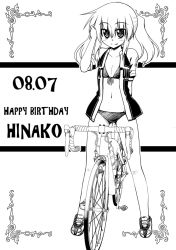 Rule 34 | 10s, 1girl, 2013, arm behind back, bicycle, bike jersey, bike shorts, bikini, blush, character name, closed mouth, clothes writing, dated, english text, fang, fang out, flat chest, full body, greyscale, groin, happy birthday, long hair, long riders!, miyake taishi, monochrome, navel, official art, open clothes, open shirt, saijou hinako, shirt, shoes, smile, solo, standing, swimsuit, twintails