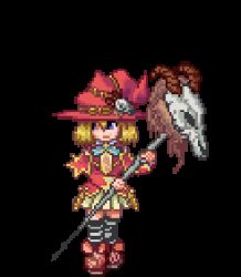 Rule 34 | 1girl, animated, animated gif, blonde hair, exet, full body, hat, horns, idle animation, kenkou cross, lowres, monster girl, monster girl encyclopedia, pixel art, purple eyes, skull, sprite, sprites, staff, standing, transparent background, witch, witch (monster girl encyclopedia), witch hat