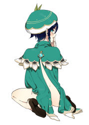 Rule 34 | 1boy, androgynous, argyle, argyle clothes, argyle legwear, beret, black hair, blue hair, blush, braid, butterfly sitting, collared cape, commentary, commentary request, corset, covering own mouth, english commentary, from behind, genshin impact, gradient hair, green eyes, green hat, hat, highres, kkopoli, leaf, looking at viewer, looking back, male focus, mixed-language commentary, multicolored hair, open mouth, shoes, short hair with long locks, side braids, sidelocks, simple background, sitting, solo, twin braids, venti (genshin impact), white background