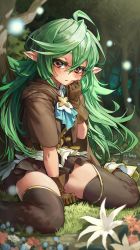 Rule 34 | 1girl, absurdres, ahoge, between legs, black thighhighs, blush, brown gloves, capelet, commission, flower, foot out of frame, forest, gloves, gold trim, green hair, hair between eyes, hand between legs, hand up, highres, long hair, looking at viewer, melaton, nature, original, outdoors, pink flower, pointy ears, sitting, skeb commission, skirt, solo, thighhighs, thighs, very long hair, wariza, white flower
