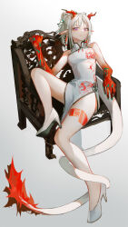 Rule 34 | 1girl, absurdres, arknights, armchair, bare legs, bare shoulders, breasts, chair, china dress, chinese clothes, closed mouth, colored skin, dragon girl, dragon horns, dragon tail, dress, full body, gradient skin, grey hair, high heels, highres, horns, leg tattoo, looking at viewer, mackia, medium breasts, multicolored hair, nian (arknights), nian (unfettered freedom) (arknights), official alternate costume, pelvic curtain, purple eyes, red skin, short hair, signature, sleeveless, sleeveless dress, smile, smug, solo, streaked hair, tail, tattoo, two-tone hair, v-shaped eyebrows, white dress, white footwear