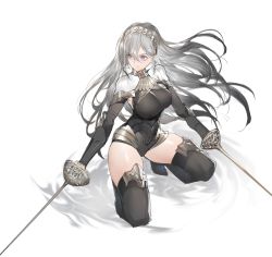 Rule 34 | 1girl, armor, black footwear, black gloves, boots, breasts, commentary request, dual wielding, elbow gloves, gloves, hair between eyes, hairband, high heel boots, high heels, highres, holding, horz, large breasts, leotard, long hair, original, purple eyes, rapier, silver hair, solo, squatting, sword, thigh boots, thighhighs, underbust, very long hair, weapon