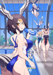 Rule 34 | 6+girls, :d, ^ ^, animal ears, arm behind head, armpits, arms up, ass, bald eagle (kemono friends), bare arms, bare shoulders, bird girl, bird tail, bird wings, black hair, blonde hair, bottle, breasts, brown eyes, brown hair, captain (kemono friends), cheetah (kemono friends), cheetah ears, cheetah tail, closed eyes, closed mouth, competition swimsuit, covered navel, day, drawstring, extra ears, floating, gluteal fold, greater roadrunner (kemono friends), green hair, grey hair, groin, hair between eyes, hands up, head wings, high ponytail, highleg, highleg swimsuit, highres, holding, holding bottle, holding stopwatch, holding towel, hood, hood down, hoodie, horns, indoors, kemono friends, large breasts, legs up, light brown hair, light smile, long hair, looking at another, looking at viewer, looking back, median furrow, medium hair, multicolored clothes, multicolored hair, multicolored swimsuit, multiple girls, nana (kemono friends), nishuu miri, no pants, northern goshawk (kemono friends), one-piece swimsuit, open mouth, parted bangs, partially submerged, pink hair, pool, poolside, pronghorn (kemono friends), shoebill (kemono friends), short hair, side ponytail, sidelocks, smile, spread wings, standing, stopwatch, stretching, swimsuit, tail, textless version, towel, towel on head, tsurime, very long hair, walking, watch, water, wet, wet hair, wings, | |