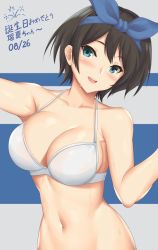 Rule 34 | 1girl, :d, arcie albano, arm up, bare arms, bare shoulders, black hair, blue eyes, blue hairband, blue ribbon, blush, bottomless, bra, breasts, cleavage, collarbone, commentary request, dated, hair ribbon, hairband, head tilt, highres, kanojo okarishimasu, large breasts, looking at viewer, navel, open mouth, ribbon, sarashina ruka, short hair, smile, solo, stomach, translation request, two-tone background, underwear, underwear only, upper body, white bra