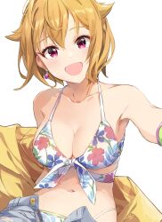 Rule 34 | 1girl, bikini, breasts, brown hair, cleavage, collarbone, denim, denim shorts, floral print, highres, ibuki tsubasa, idolmaster, idolmaster million live!, large breasts, looking at viewer, navel, open clothes, open fly, open mouth, open shorts, pink eyes, print bikini, short hair, short shorts, shorts, simple background, smile, solo, stomach, swimsuit, white background, yoshito