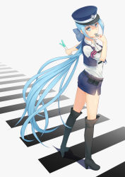 Rule 34 | 1girl, alternate costume, alternate hairstyle, anarchojs, armband, belt, belt pouch, black footwear, blue eyes, blue hair, blue hat, blue skirt, blue vest, blush, boots, bow, crosswalk, from behind, full body, hair bow, hat, hatsune miku, high heel boots, high heels, highres, holding, knee boots, legs apart, long hair, looking at viewer, looking back, low ponytail, miniskirt, open clothes, open vest, outstretched arm, police, police uniform, policewoman, pouch, shirt, skirt, sleeves pushed up, solo, spring onion, standing, uniform, very long hair, vest, vocaloid, white shirt