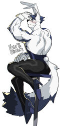 Rule 34 | 1boy, absurdres, alternate costume, animal ear fluff, animal ears, ass, bara, blue doggo (ttn), blue fur, blue hair, blue leotard, blush, dog boy, dog ears, facial hair, fake animal ears, fake tail, fishnet pantyhose, fishnets, from behind, full body, furry, furry male, goatee stubble, happy birthday, high heels, highres, large pectorals, leotard, looking back, male focus, male playboy bunny, muscular, muscular male, nervous sweating, original, pantyhose, pectorals, rabbit ears, rabbit tail, short hair, shy, sitting, solo, stubble, sweat, tail, thick eyebrows, ttn (239 239), two-tone fur, white fur