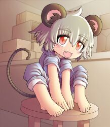 Rule 34 | 1girl, alternate costume, animal ear fluff, animal ears, blush, box, cardboard box, commentary request, cookie (touhou), counter, drddrddo, full body, grey hair, grey jumpsuit, hair between eyes, highres, indoors, jumpsuit, long bangs, looking at viewer, mouse ears, mouse girl, mouse tail, nazrin, nyon (cookie), open mouth, red eyes, short hair, short sleeves, sitting, smile, solo, stool, tail, touhou