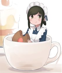 Rule 34 | 1girl, alternate costume, apron, black hair, blush, cake, closed mouth, collar, cup, dessert, eating, enmaided, food, fubuki (kancolle), green eyes, highres, holding, icing, kantai collection, looking at viewer, low ponytail, ma rukan, maid, maid apron, maid headdress, mini person, minigirl, one-hour drawing challenge, sidelocks, simple background, sitting, solo, white apron