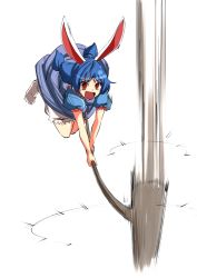 Rule 34 | 1girl, :d, animal ears, attack, blue dress, blue hair, blush, dress, holding, holding weapon, kakao (noise-111), long hair, low twintails, mallet, motion blur, open mouth, puffy short sleeves, puffy sleeves, rabbit ears, red eyes, seiran (touhou), short sleeves, smile, solo, swinging, touhou, twintails, weapon