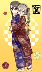 Rule 34 | 10s, 1girl, black ribbon, blue kimono, brown eyes, brown hair, closed mouth, flower, from side, full body, girls und panzer, hair bun, hair flower, hair ornament, hair ribbon, hair up, highres, hikyakuashibi, hug, hug from behind, japanese clothes, kanji, kimono, light brown hair, long hair, long sleeves, looking at viewer, mika (girls und panzer), no headwear, open mouth, print kimono, red kimono, ribbon, sandals, shimada arisu, side ponytail, single hair bun, smile, standing, tabi, white legwear, wide sleeves, yellow background