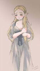 Rule 34 | 1girl, blonde hair, blush, breasts, brown background, closed mouth, corset, dress, ear blush, feet out of frame, flustered, grey dress, twirling hair, half-closed eyes, long hair, long sleeves, looking to the side, medium breasts, mutsuki kaya, nintendo, parted bangs, pointy ears, princess zelda, puffy long sleeves, puffy sleeves, solo, standing, the legend of zelda, the legend of zelda: breath of the wild, twisted hair