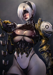 Rule 34 | 1girl, absurdres, armor, black blindfold, black gloves, black hairband, black thighhighs, blindfold, blue eyes, breasts, clawed gauntlets, cleavage, cleavage cutout, clothing cutout, commentary request, covered erect nipples, covered navel, elbow gloves, emil (nier), fusion, gauntlets, gloves, grey hair, hair over one eye, hairband, highleg, highleg leotard, highres, holding, holding weapon, isabella valentine, large breasts, leotard, lipstick, looking at viewer, makeup, multicolored leotard, nier:automata, nier (series), nose, one eye covered, pauldrons, red lips, revealing clothes, short hair, shoulder armor, single gauntlet, single pauldron, solo, soul calibur, thick thighs, thighhighs, thighs, underboob, underboob cutout, weapon, whip sword, xuuikie ashe, 2b (nier:automata)