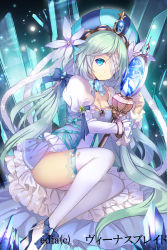Rule 34 | 1girl, :&lt;, arm garter, blue bow, blue eyes, bow, breasts, brooch, cleavage, closed mouth, copyright name, copyright request, cross, dress, eyepatch, flower, hair bow, hair flower, hair ornament, hat, highres, holding, holding staff, jewelry, juliet sleeves, long hair, long sleeves, looking at viewer, low twintails, medium breasts, official art, original, puffy sleeves, silver hair, solo, staff, thighhighs, twintails, very long hair, white dress, white thighhighs, yuuki kira