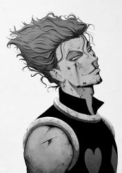Rule 34 | 1boy, absurdres, dirty, dirty face, earrings, greyscale, highres, hisoka morow, hunter x hunter, jewelry, looking at viewer, male focus, manip, monochrome, simple background, smile, star tattoo, tattoo, upper body, white background