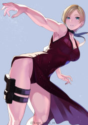 Rule 34 | 1girl, absurdres, ada wong, ada wong (cosplay), bare arms, bare legs, black choker, blonde hair, blue background, blue eyes, breasts, capcom, choker, cleavage, company connection, cosplay, dress, fingernails, gun, hand up, handgun, highres, kagematsuri, kolin, large breasts, leaning forward, leg holster, leotard, long dress, looking at viewer, nail polish, pink nails, pistol, red dress, red leotard, resident evil, resident evil 4, revision, short hair, smile, solo, standing, street fighter, street fighter v, thigh strap, thighs, weapon
