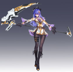 Rule 34 | 1girl, black footwear, black gloves, black pantyhose, blue hair, boots, bow, eyepatch, full body, gloves, gradient background, hair bow, hair ornament, hair over one eye, holding, holding weapon, kishiyo, knee boots, long hair, looking at viewer, original, pantyhose, revision, scythe, smile, solo, thigh strap, weapon, yellow eyes