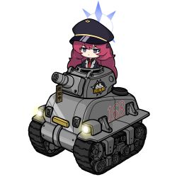 Rule 34 | 1girl, black hat, blue archive, chibi, closed mouth, di-cokka, grey eyes, halo, hat, highres, hrna, iroha (blue archive), jacket, long hair, metal slug, military, military hat, military jacket, military vehicle, motor vehicle, necktie, parody, peaked cap, red hair, red necktie, simple background, solo, tank, wavy hair, white background