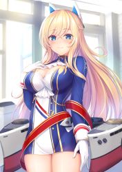 Rule 34 | 1girl, arm at side, ascot, azur lane, bad id, bad pixiv id, blonde hair, blue eyes, blush, braid, breasts, cleavage, closed mouth, cowboy shot, crossed bangs, day, dress, glorious (azur lane), gloves, hair between eyes, hand on own chest, headgear, highres, indoors, large breasts, long hair, long sleeves, looking at viewer, machinery, mutsuba fumi, rigging, sash, sidelocks, solo, standing, thighs, very long hair, white gloves, window