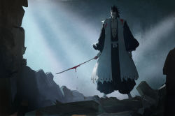 Rule 34 | abs, absurdres, black footwear, black hair, black pants, black shirt, bleach, blood, bloody knife, character request, full body, grey sky, highres, holding, holding sword, holding weapon, knife, light, looking at viewer, pants, rock, ruins, shade, shirt, shoes, sky, smile, socks, spiked hair, standing, sword, weapon, white shirt, white socks, zaraki kenpachi, zzz zhi he