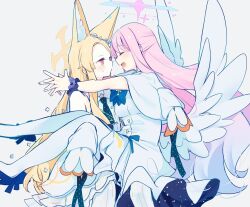 Rule 34 | 2girls, angel wings, animal ear fluff, animal ears, bare shoulders, blonde hair, blue archive, capelet, closed eyes, closed mouth, detached sleeves, dress, extra ears, feathered wings, fox ears, halo, long hair, mika (blue archive), multiple girls, open mouth, pantyhose, pink hair, pink halo, seia (blue archive), sleeves past fingers, sleeves past wrists, smile, striped clothes, striped pantyhose, vertical-striped clothes, vertical-striped pantyhose, white capelet, white dress, white pantyhose, white sleeves, white wings, wings, yellow eyes, yellow halo, yun (dust-i1)