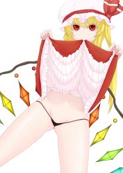 Rule 34 | 1girl, asymmetrical hair, bad id, bad pixiv id, blonde hair, clitoris, clitoris slip, clothes lift, colored eyelashes, crystal, dutch angle, flandre scarlet, hat, hat ribbon, kashiwagi (pixiv15394393), looking at viewer, micro panties, midriff, mouth hold, panties, pussy, pussy peek, red eyes, ribbon, side ponytail, simple background, skirt, skirt lift, solo, thong, touhou, underwear, white background, wings