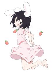 Rule 34 | 1girl, :d, animal ears, ass, barefoot, black hair, carrot, carrot necklace, dress, feet, full body, happy, highres, inaba tewi, jewelry, jumping, kt kkz, looking back, necklace, open mouth, pink dress, rabbit ears, rabbit girl, rabbit tail, short hair, simple background, smile, soles, solo, tail, toes, touhou, white background