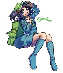 Rule 34 | 1girl, :d, ass, backpack, bag, blue eyes, blue footwear, blue hair, blue shirt, blue skirt, boots, flat cap, full body, green bag, green hat, hat, highres, kawashiro nitori, key, looking at viewer, open mouth, renshirenji, rubber boots, shirt, simple background, skirt, smile, solo, touhou, twitter username, two side up, white background