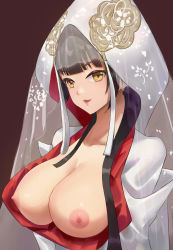 Rule 34 | 1girl, absurdres, azur lane, breasts, breasts out, brown background, highres, japanese clothes, kimono, large breasts, looking at viewer, nipples, official alternate costume, ruan weidao, simple background, solo, takao (azur lane), takao (sakura hanami) (azur lane), upper body, wataboushi, white kimono, yellow eyes