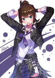 Rule 34 | 1girl, arms up, belt, black gloves, black jacket, blue skirt, brown hair, character name, collarbone, cowboy shot, dress shirt, duoyu zhuan qing, fingerless gloves, gloves, green eyes, hair between eyes, highres, idolmaster, idolmaster cinderella girls, jacket, jewelry, looking at viewer, miniskirt, mouth hold, necklace, necktie, next frontier, open clothes, open jacket, purple necktie, shibuya rin, shirt, skirt, solo, standing, thigh strap, torn clothes, torn skirt, tying hair, white shirt