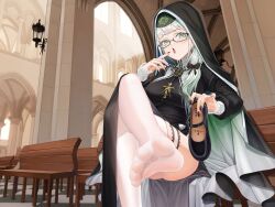 Rule 34 | 1girl, absurdres, black bow, black dress, black nails, bow, breasts, chinese commentary, church, clothing cutout, commentary request, convenient leg, crossed legs, dress, eyelashes, feet, finger to mouth, foot focus, foot out of frame, foot up, glasses, green eyes, grey hair, habit, hair bow, hair over shoulder, highres, holding, holding clothes, holding footwear, impossible clothes, impossible dress, indie virtual youtuber, indoors, jewelry, lace trim, large breasts, legs, long hair, long sleeves, looking at viewer, necklace, no shoes, nun, on chair, open mouth, parasister (vtuber), ponytail, presenting foot, saliva, see-through, see-through legwear, shoes, side cutout, sitting, soles, solo, spread toes, thighhighs, toes, tongue, tongue out, unworn shoes, variant set, virtual youtuber, white thighhighs, xo (xo17800108)