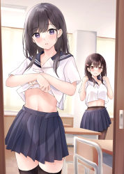 Rule 34 | 2girls, black hair, black sailor collar, black skirt, black thighhighs, blush, bow, breasts, brown hair, brown pantyhose, closed mouth, clothes lift, commentary request, desk, hair between eyes, hair bow, hair ornament, hairclip, hands up, highres, indoors, lifted by self, long hair, multiple girls, navel, original, pantyhose, parted lips, pink bow, pleated skirt, purple eyes, red eyes, sailor collar, school desk, school uniform, serafuku, shirt, shirt lift, short sleeves, skirt, small breasts, stomach, thighhighs, undressing, wavy mouth, white shirt, yukimaru217