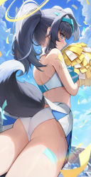 Rule 34 | 1girl, absurdres, ass, bad link, balloon, bare shoulders, blue archive, blush, cheerleader, crop top, dcinside, dog tail, from below, hibiki (blue archive), hibiki (cheer squad) (blue archive), highres, hutosutoro, millennium cheerleader outfit (blue archive), panties, pom pom (cheerleading), skirt, solo, sweat, tail, underwear, upskirt, white panties, white skirt
