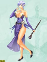 Rule 34 | 1girl, abstract background, bare shoulders, breasts, character request, cleavage, copyright request, detached sleeves, dress, high heels, huge breasts, legs, long legs, omc, panties, pointy ears, shoes, side slit, solo, staff, string panties, tagme, thighs, underwear, weapon