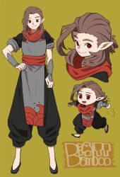 Rule 34 | 1boy, black footwear, black pants, brown hair, chibi, closed mouth, green background, grin, highres, looking at viewer, luo xiaohei zhanji, luozhu (the legend of luoxiaohei), multiple views, nploser, pants, red eyes, red sash, red scarf, sash, scarf, shoes, sidelocks, simple background, smile, tabard, vambraces