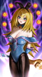 Rule 34 | 1girl, :d, absurdres, animal ears, arms behind back, aura, bare shoulders, black hairband, black pantyhose, blonde hair, blue leotard, blush stickers, breasts, cleavage, collarbone, commentary request, covered navel, dark magician girl, detached collar, detached sleeves, duel monster, fake animal ears, flipped hair, gem, green eyes, hair between eyes, hairband, highleg, highleg leotard, highres, holding, holding staff, kos-owl, large breasts, legs together, leotard, long hair, looking at viewer, open mouth, orb, pantyhose, pentagram, playboy bunny, rabbit ears, shiny clothes, signature, smile, solo, staff, standing, star (symbol), strapless, strapless leotard, teeth, upper teeth only, yu-gi-oh!