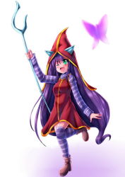 Rule 34 | 1girl, animal ears, boots, dress, ears through headwear, green eyes, hat, league of legends, long hair, long sleeves, lulu (league of legends), one eye closed, open mouth, purple hair, solo, staff, striped clothes, striped thighhighs, thighhighs, very long hair, wink, witch hat, xano