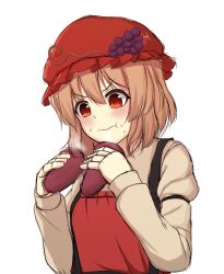 Rule 34 | &gt;:t, 1girl, :t, aki minoriko, blonde hair, blush, closed mouth, dress, eating, food, food on face, fruit, grapes, hat, highres, long sleeves, mob cap, ozu (agito100001), red eyes, solo, suspenders, sweet potato, touhou, upper body, v-shaped eyebrows, white background