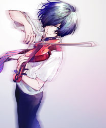 Rule 34 | 1boy, bad id, bad pixiv id, black pants, blue eyes, blue hair, closed mouth, dress shirt, from side, grey background, hair over one eye, highres, holding, holding instrument, holding violin, instrument, leaning back, male focus, motion blur, music, necktie, pants, persona, persona 3, playing instrument, shirt, short hair, short sleeves, smile, solo, striped necktie, striped neckwear, swept bangs, violin, white shirt, yuu (isis7796), yuuki makoto (persona 3)