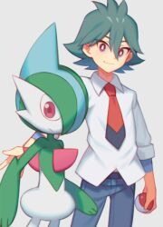 Rule 34 | 1boy, belt, belt buckle, bright pupils, buckle, closed mouth, collared shirt, commentary request, creatures (company), gallade, game freak, gen 4 pokemon, green hair, hair between eyes, holding, holding poke ball, male focus, necktie, nintendo, pants, poke ball, poke ball (basic), pokemon, pokemon (anime), pokemon (creature), pokemon journeys, purple eyes, red necktie, rinto (pokemon), shirt, smile, undershirt, white pupils, white shirt, wusagi2