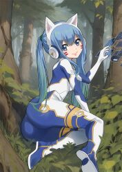 Rule 34 | 1girl, animal ear headphones, animal ears, ass, blue bodysuit, blue eyes, blue hair, bodysuit, breasts, cat ears, colorized, eden&#039;s zero, fake animal ears, female focus, forest, gaston18, grass, hair between eyes, hair ornament, headphones, hermit mio, highres, huge ass, leaves, long hair, looking at viewer, looking back, mashima hiro, multicolored bodysuit, multicolored clothes, nature, on ground, outdoors, pilot suit, plant, ponytail, scrunchie, sidelocks, skin tight, small breasts, smile, solo, solo focus, thighs, tree, twintails, very long hair, white bodysuit, wide hips