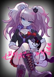 Rule 34 | 1girl, bear hair ornament, black shirt, blue eyes, boots, bow, bra, breasts, brown footwear, choker, cleavage, collarbone, commentary request, cross-laced footwear, danganronpa: trigger happy havoc, danganronpa (series), enoshima junko, hair ornament, haizai, heart, highres, knee boots, long hair, monokuma, nail polish, necktie, pink hair, pleated skirt, red nails, shirt, sitting, skirt, sleeves rolled up, smile, stuffed animal, stuffed toy, teddy bear, translation request, twintails, underwear