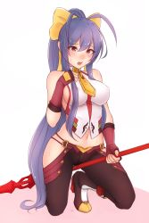 Rule 34 | 1girl, antenna hair, backless outfit, bare shoulders, black pants, blazblue, blazblue: central fiction, blazblue variable heart, blue hair, bluefield, blush, boots, bow, breasts, clothed masturbation, covered erect nipples, crotch rub, female masturbation, fingerless gloves, full body, genderswap, genderswap (mtf), gloves, hair between eyes, hair bow, halterneck, hand on own chest, high heel boots, high heels, high ponytail, highres, holding, holding weapon, kneeling, long hair, lowleg, lowleg pants, mai natsume, masturbation, masturbation through clothes, medium breasts, midriff, navel, no bra, no panties, nose blush, open mouth, outseal, pants, polearm, ponytail, purple eyes, pussy juice, pussy juice drip through clothes, pussy juice puddle, pussy juice stain, pussy juice trail, red gloves, revealing clothes, ribbon, sideboob, sidelocks, solo, spear, spread legs, sweat, thighs, through clothes, very long hair, weapon, wet, wet clothes, yellow bow