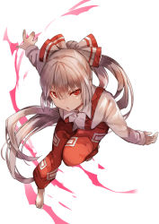 Rule 34 | 1girl, \||/, absurdres, amamitsu kousuke, aura, barefoot, bow, breasts, collared shirt, fujiwara no mokou, full body, hair between eyes, hair bow, highres, leaning forward, leg up, long hair, long sleeves, looking at viewer, medium breasts, ofuda, ofuda on clothes, pants, parted lips, ponytail, red eyes, red pants, serious, shirt, silver hair, simple background, solo, standing, standing on one leg, suspenders, touhou, v-shaped eyebrows, very long hair, white background, white bow, white shirt