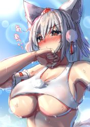 Rule 34 | 1girl, :c, alternate breast size, alternate costume, animal ears, arm up, armband, armpits, bare shoulders, blue sky, blush, breasts, closed mouth, commentary request, covered erect nipples, day, grey hair, hat, hot, inubashiri momiji, large breasts, looking afar, medium hair, nipples, nose blush, onomiya, orange eyes, outdoors, pom pom (clothes), see-through, sketch, skindentation, sky, solo, stomach, sun, sweat, tank top, tokin hat, touhou, underboob, upper body, v-shaped eyebrows, wolf ears