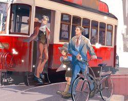 Rule 34 | ace attorney, ascot, bicycle, black hair, bus, cape, father and daughter, formal, hat, highres, long sleeves, miles edgeworth, motor vehicle, outdoors, phoenix wright, smile, streetcar, suit, trucy wright, turquoise mika