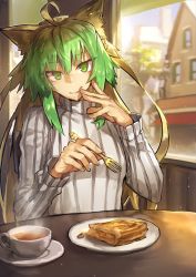 Rule 34 | 1girl, ahoge, alternate costume, animal ears, apple pie, atalanta (fate), blonde hair, casual, coffee, eating, fate/apocrypha, fate (series), fork, green eyes, green hair, melon22, multicolored hair, ribbed sweater, solo, sweater, window