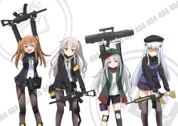 Rule 34 | &gt; &lt;, 404 (girls&#039; frontline), 404 logo (girls&#039; frontline), 4girls, :3, :d, absurdres, arms up, assault rifle, beret, black bow, black gloves, black hat, black jacket, black legwear, black neckwear, black shorts, black skirt, blue hair, blunt bangs, blush, bow, brown eyes, brown hair, bullpup, caseless firearm, closed eyes, closed mouth, commentary, cross hair ornament, dancing, english commentary, facial mark, feet out of frame, fingerless gloves, g11 (girls&#039; frontline), girls&#039; frontline, gloves, green eyes, green hat, green jacket, grey hair, gun, h&amp;k g11, h&amp;k hk416, h&amp;k ump, hair between eyes, hair bow, hair ornament, half-closed eyes, hat, heckler &amp; koch, highres, hk416 (girls&#039; frontline), holding, holding gun, holding weapon, horizontal magazine, http status code, ikazu401, jacket, knee pads, legs apart, light blue hair, long hair, long sleeves, looking at viewer, miniskirt, multiple girls, name connection, neck ribbon, object namesake, one side up, open clothes, open jacket, open mouth, pantyhose, parody, parted lips, peaked cap, pleated skirt, ribbon, rifle, scar, scar across eye, scar on face, shaded face, shirt, short shorts, shorts, sidelocks, single thighhigh, skirt, sleeves past wrists, smile, standing, submachine gun, thighhighs, tomorrow (konosuba), twintails, ump45 (girls&#039; frontline), ump9 (girls&#039; frontline), unamused, v-shaped eyebrows, weapon, white gloves, white shirt, zettai ryouiki